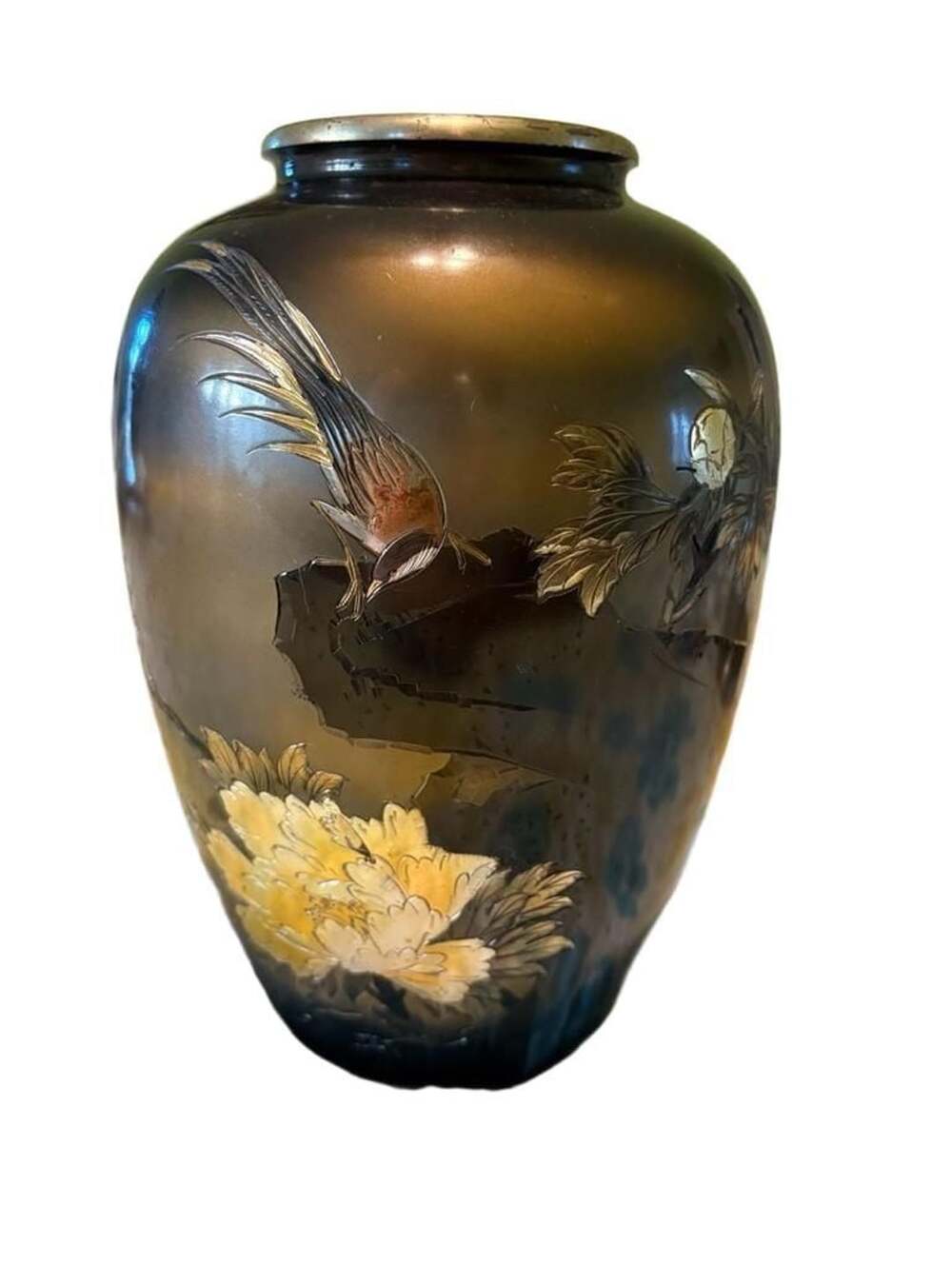 Preowned Vintage Japanese Etched Metal Or Bronze Vase Pheasant Floral Design